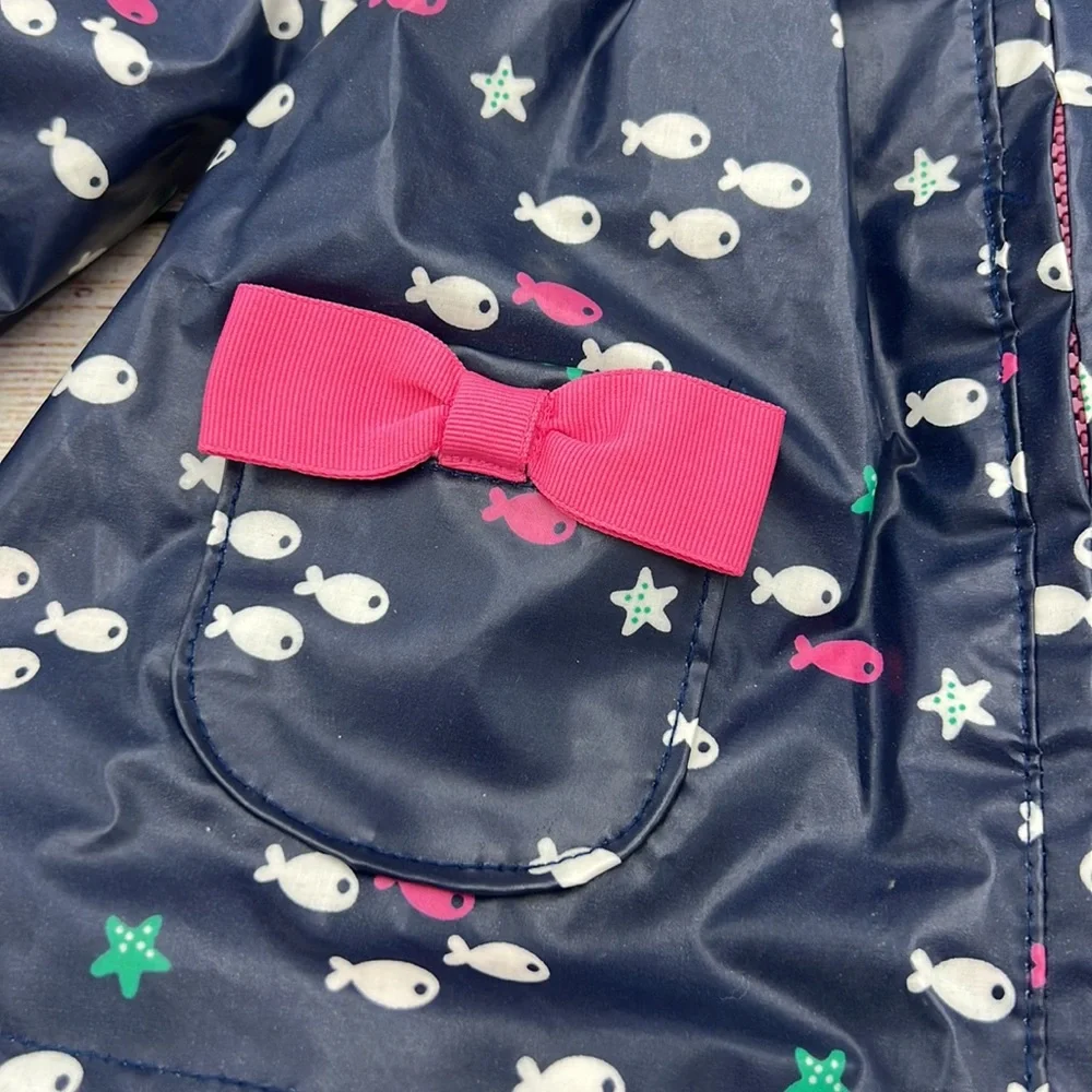 Gymboree Fish Pattern Navy Pink Fleece Lined Raincoat Size 6 to 12 Months